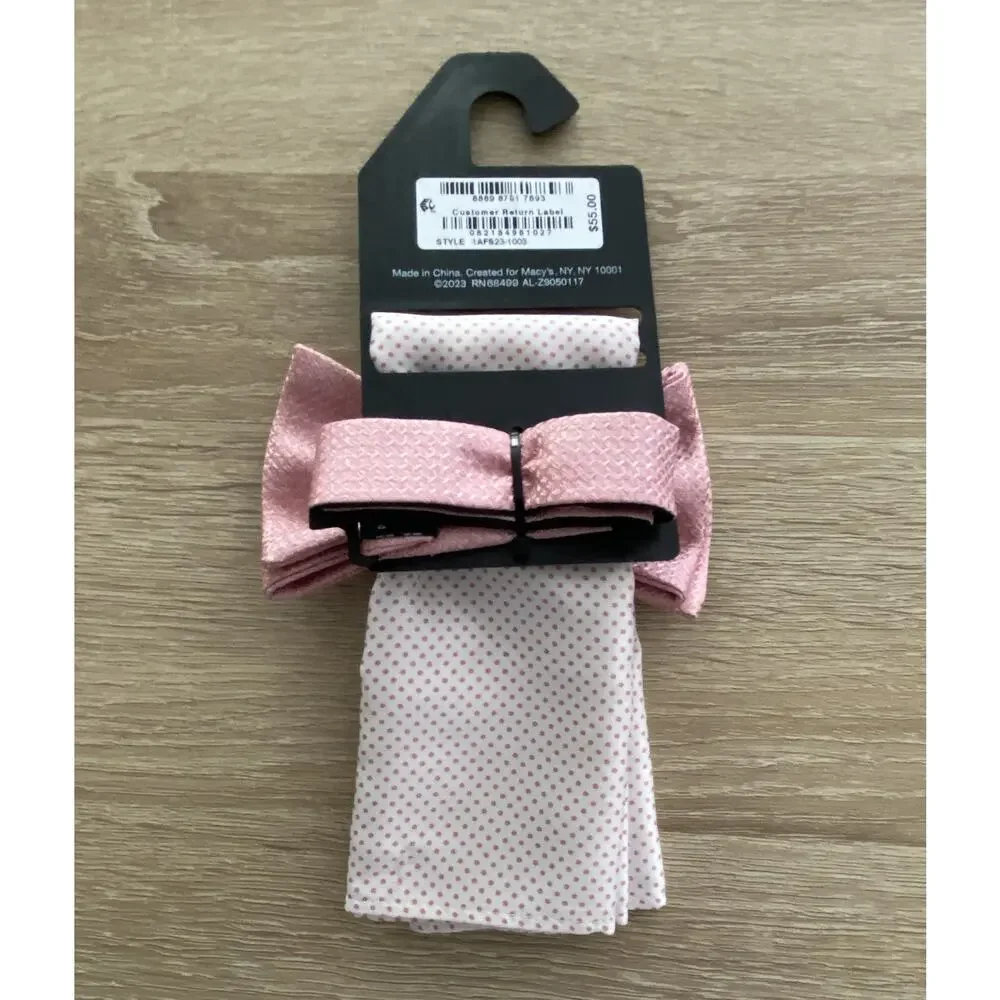 Alfani Men's Minetta Pink Bow Tie & Pocket Square One Size NEW